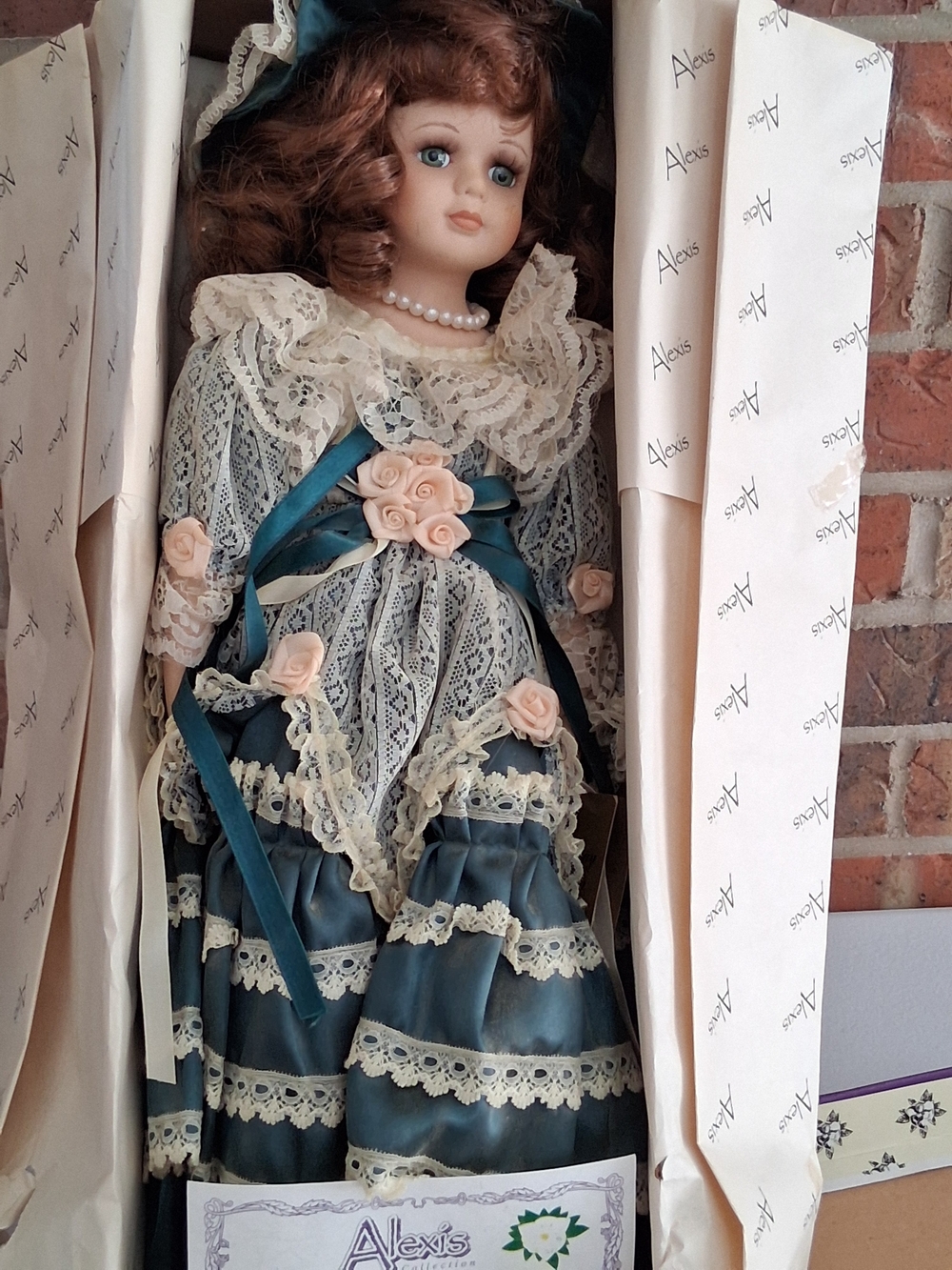Alexis Porcelain Doll in Teal Satin and Cream Lace with Pink Rose Accents
